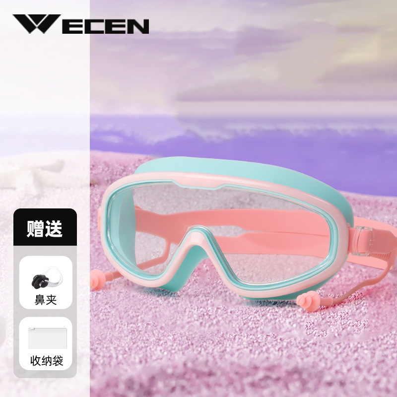 캔디 그린 [플랫 스타일] - 수영 고글 [HD 방수 및 김서림 방지] + 코 막힘 보관 가방 3종 세트