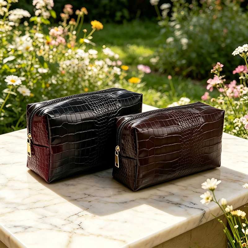 New cross-border in-stock waterproof crocodile-pattern PU leather makeup bag, large-capacity gift makeup bag with a high-end leather feel