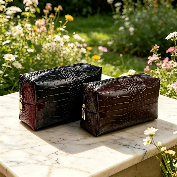 New cross-border in-stock waterproof crocodile-pattern PU leather makeup bag, large-capacity gift makeup bag with a high-end leather feel