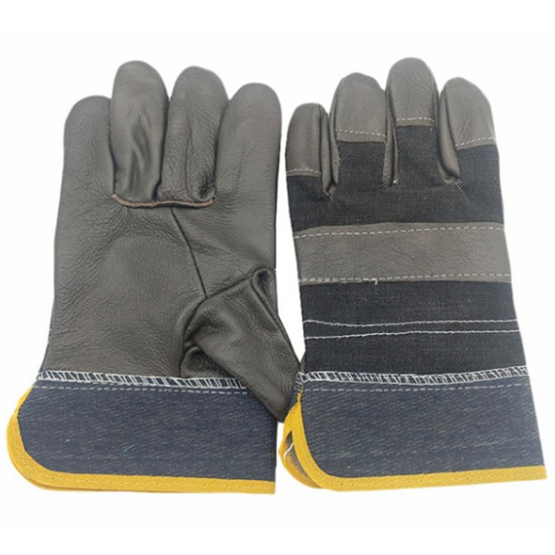 电焊手套 短款牛皮耐磨隔热牛仔分掌帆布加牛皮批发 焊工劳保手套
