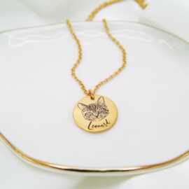 猫狗图案宠物项链不锈钢圆牌吊坠可调节链条金色圆牌宠物图片项链