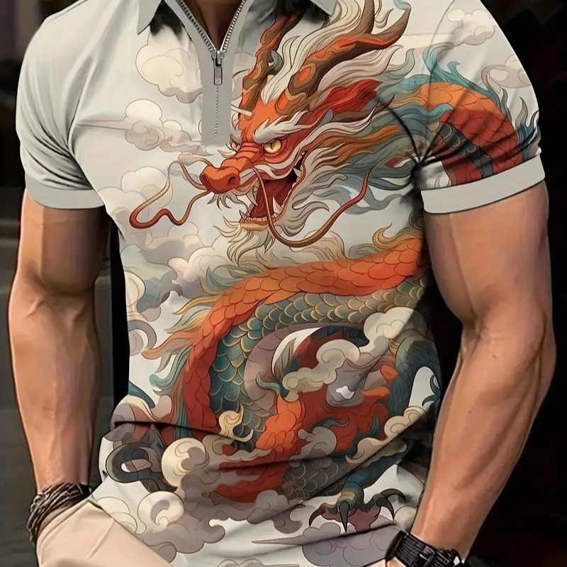 Venta caliente transfronteriza nueva impresión de degradado 3D de verano de gran tamaño casual para hombre suelto código europeo cremallera polo manga corta