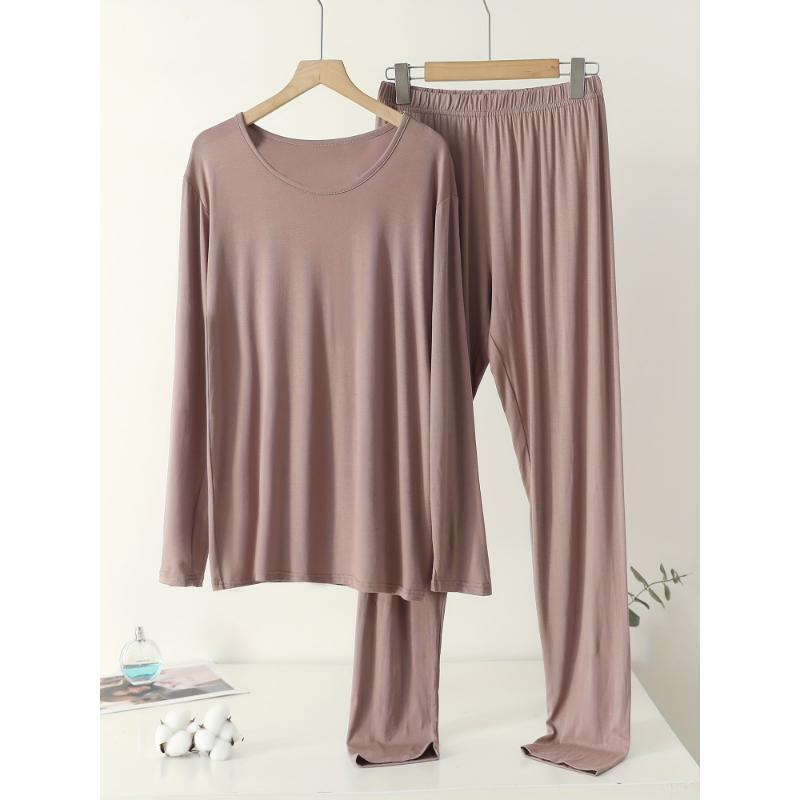 2025 New Cross-Border Dropshipping Plus Size Women's Modal Long Johns Suit Solid Color Sleeves