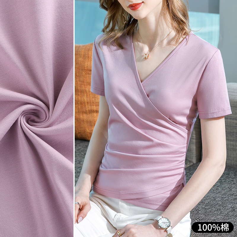 Camiseta de manga corta de algodón mercerizado de doble cara para mujer verano 2023 nueva camiseta de algodón con cuello en v cruzado para mujer cintura plisada top