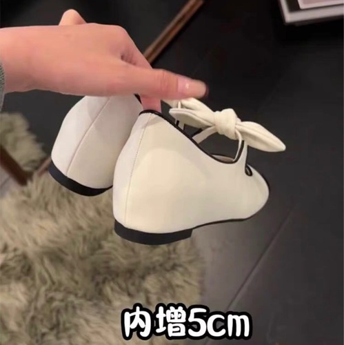 Sheepskin version ~ Little perfume butterfly bow Mary Jane single shoes for women, comfortable round head shallow mouth color matching platform ballet shoes