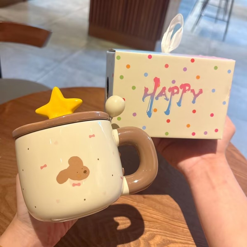 かわいいスター蓋カップ漫画セラミックマグ高価値水カップ蓋付き誕生日ギフト女の子のお土産|undefined