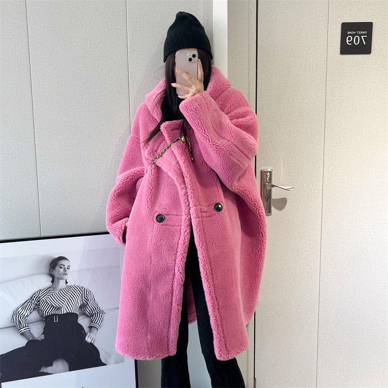 25 New Winter Teddy Bear Hooded Fur All-In-One Outwear Mid-Length Lamb Wool Sheep Shear Loose Fur Outwear