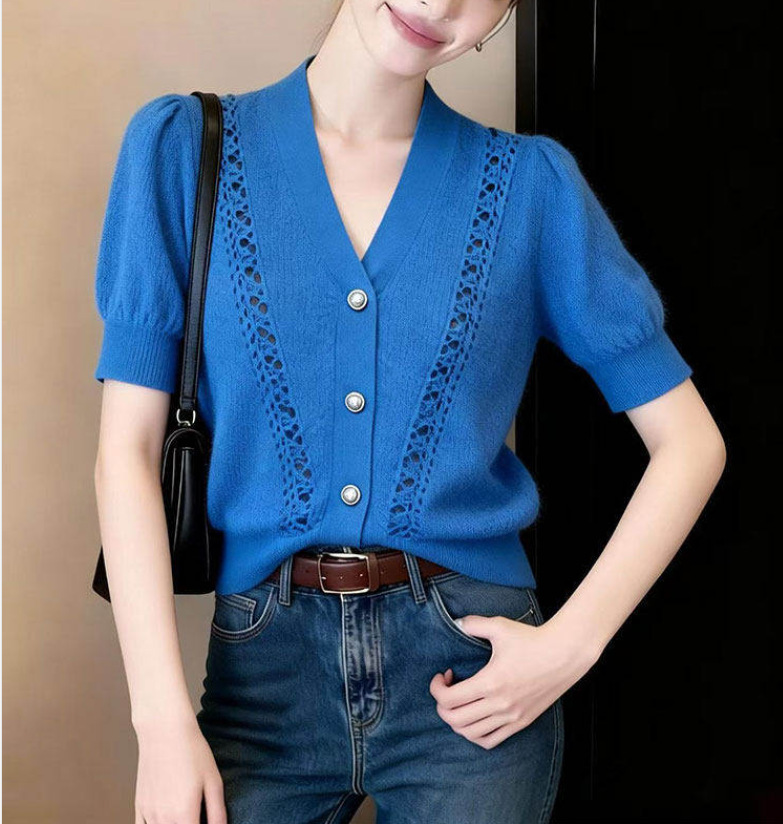 Áo cardigan nữ thiết kế rỗng màu xanh Klein cao cấp mùa hè 2026 — xanh lam chi tiết 1