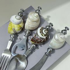 天然サザエ貝殻真珠サザエフォーク起瓶器食器パスタ真珠金属ステンレス海洋風食器