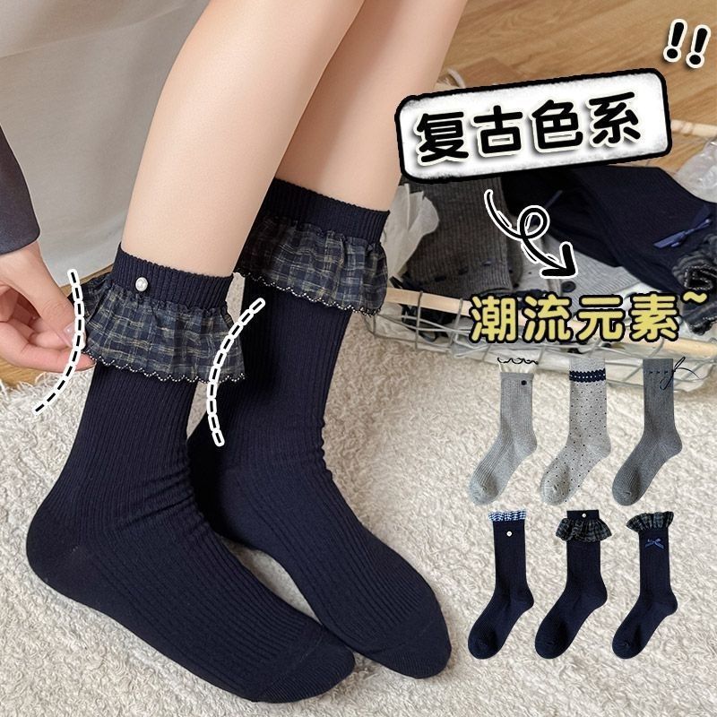 春秋季款百搭miu系芭蕾风皮鞋日系少女长袜格子花边袜子女中筒袜|undefined