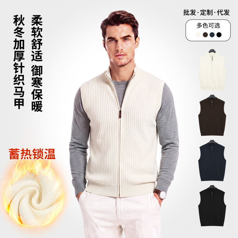 Autumn and winter men's sleeveless knitted vest, solid color, stand-up collar, zippered, old money style, warm sweater, light luxury vest