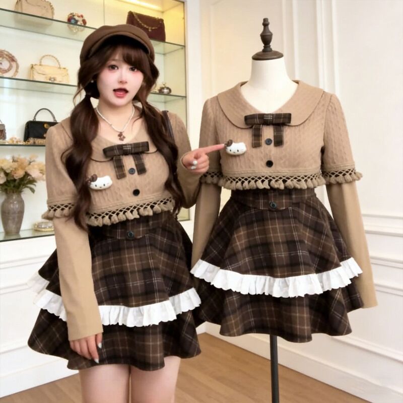 Plus-Size Women's Korean-Style College-Style Doll Collar Cape Top and Plaid Lace Waist-Cinching Skirt Slimming Set for Spring and Autumn Plus-Size Women's Korean-Style College-Style Doll Collar Cape Top and Plaid Lace Waist-Cinching Skirt Slimming Set for Spring and Autumn