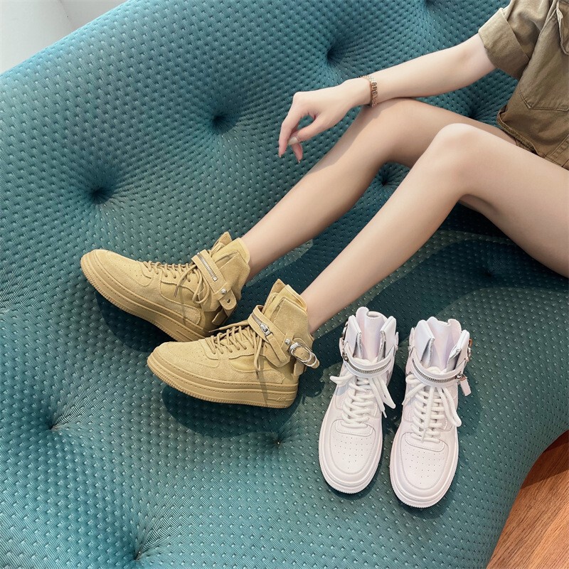Pure Leather College-Style White Shoes for Women, New Spring Fashion Women's Shoes, Thick-Soled Lace-Up Casual Breathable High-Top Sneakers, Trendy