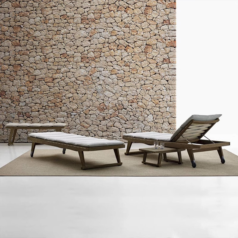 Cama al aire libre de teca hotel villa piscina solarium sillón impermeable al aire libre de madera maciza trenzada silla de playa