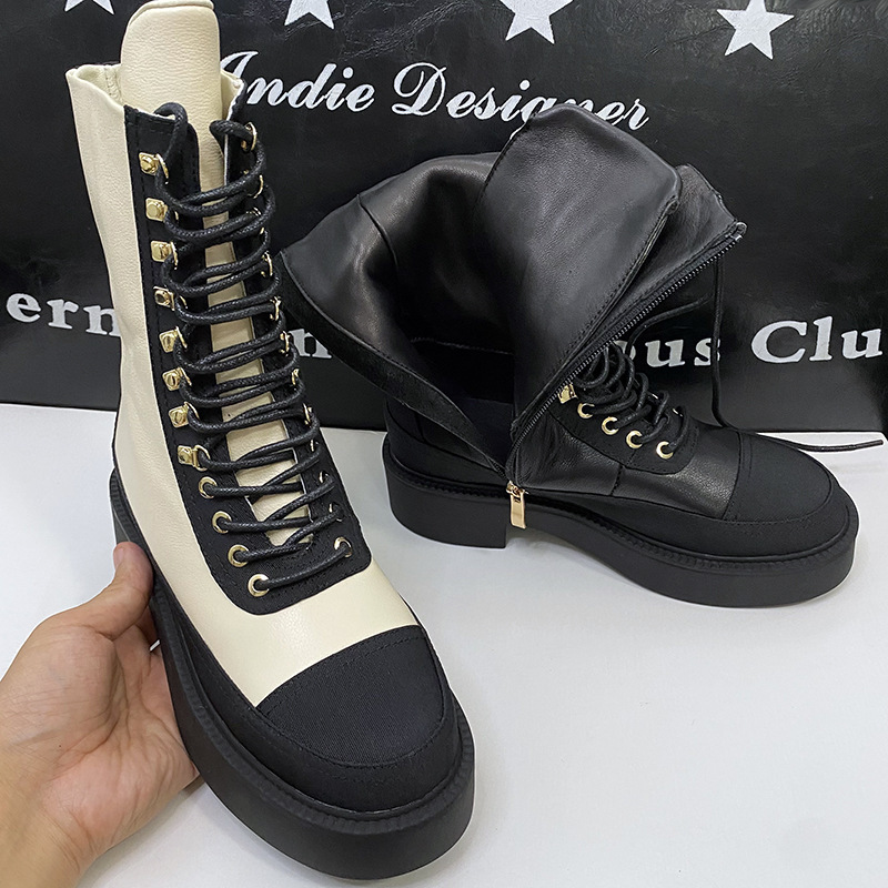2025 Early Autumn New British Style Boots Women's Genuine Leather Thick-Soled Lace-Up Mid-Calf Short Boots Autumn and Winter Single Boots Trendy Brand Style