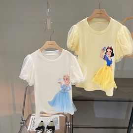 女童夏季新款网纱泡泡袖公主T恤儿童宝宝洋气卡通短袖上衣百搭潮