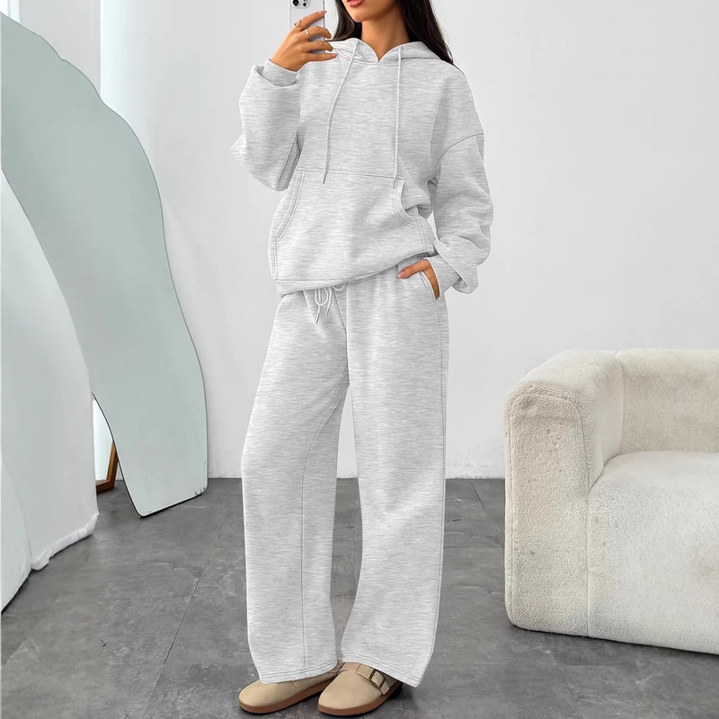 Cross-Border Foreign Trade Pullover Sweatshirt and Wide-Leg Pants Sports Set, Fashionable Fleece Hooded Sweatshirt Set