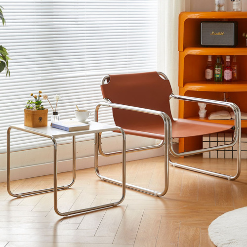 Medieval single sofa chair designer Bauhaus casual simple stainless steel saddle leather milk tea coffee shop light luxury