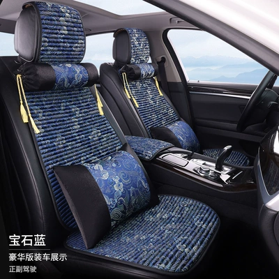 All Seasons, Linen Seat Cushion, Seat cushion, seat cover - sapphire-blue-embroidered-driver-passenger-2-seater-set-with-2-backrests-2-neck-pillows-2-lumbar-pillows-deluxe-edition