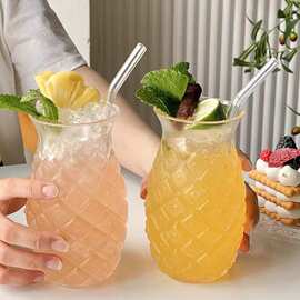浮雕菠萝玻璃吸管杯 餐厅果汁杯冷饮杯ins气泡水杯子个性咖啡杯
