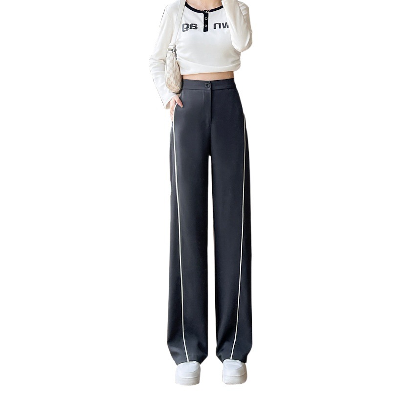 Traje pantalones de pierna ancha de primavera y otoño de cintura alta de alto grado drapeado negro Pantalones rectos casuales pantalones pequeños