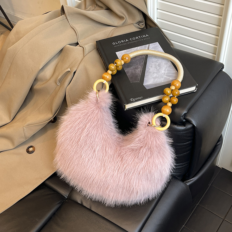 Damen Handtasche Mit Holzperlen Und Kunstfell Schultertasche_voghion.com
