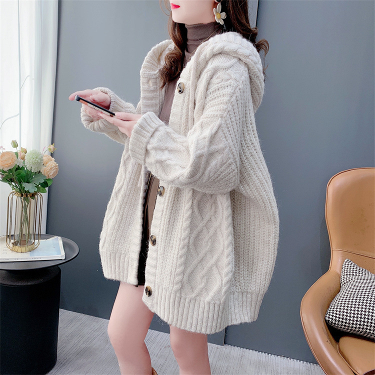 New Style Lazy Loose Thick Hooded Sweater 2025 Mid-Length Coat Women's Knitted Cardigan Autumn Winter Cross-Border Thick