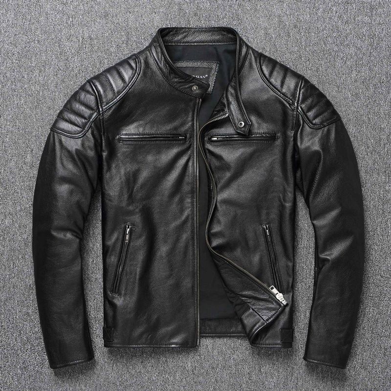 New Heavy-Duty First-Layer Cowhide Leather Jacket for Men, Stand Collar Biker Jacket, Youth Spring and Autumn Windproof Button Leather Jacket Men's Clothing