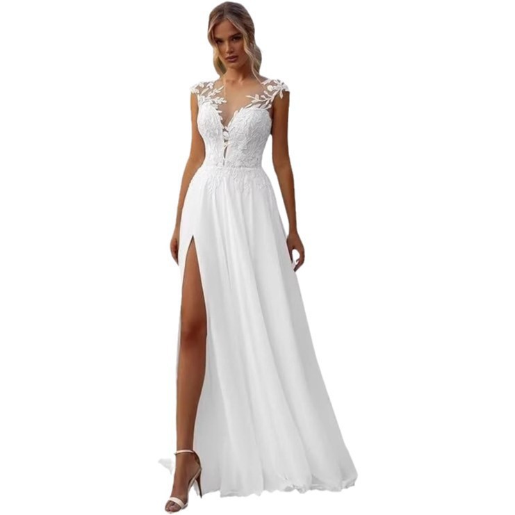 European and American Foreign Trade Amazon Sexy Lace Slit New Style Wedding Dress with Train Long Gown Evening Dress