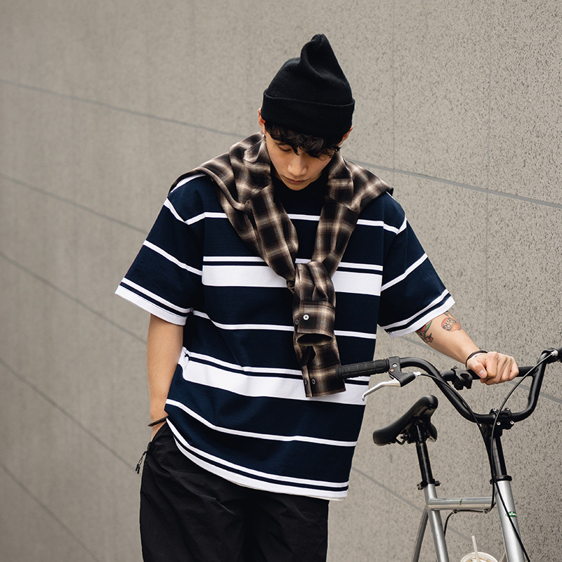 Trs Japanese Trend Series | 26Ss Custom-Woven 310g Double Yarn Round Neck Striped Short-Sleeve Loose Fit Drop Shoulder Five-Quarter Sleeve T-Shirt for Men.