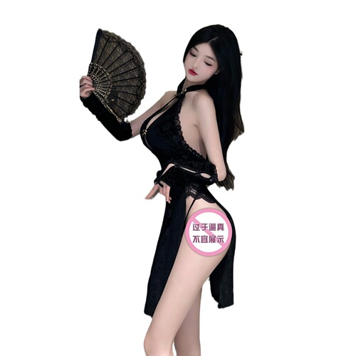Sexy lingerie, classical high-slit cheongsam, tempting retro deep V breast leakage, Republic of China style pajama suit, uniform polyester
