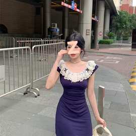 蕾丝拼接辣妹娃娃领连衣裙女夏季新款修身褶皱收腰显瘦a字短裙子