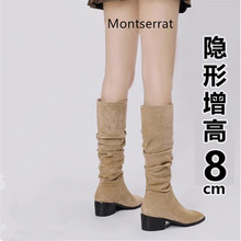 内增高堆堆靴长筒骑士靴子2023新款秋季法式中筒瘦瘦西部牛仔长靴