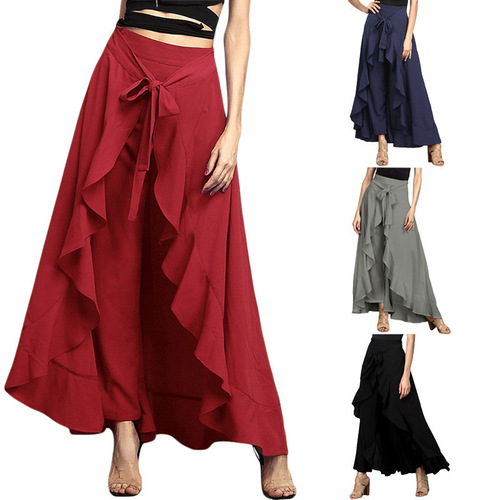 Women's European and American plus-size high-waist wide-leg pants autumn high-waist long skirt chiffon pants