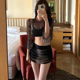 跨境货源25性感晕染长袖喇叭袖分体四件套比基尼泳衣女平角裤泳装