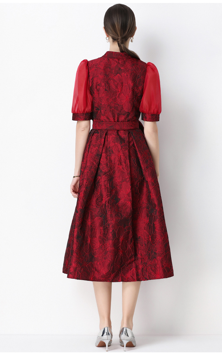 Đầm maxi nữ thắt eo V cổ tay ngắn họa tiết jacquard thanh lịch — màu đen, xanh lam, Màu hồng, màu trắng chi tiết 25