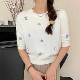 夏秋季女装新款日韩休闲简约法式时尚五分短袖冰丝针织衫T恤上衣