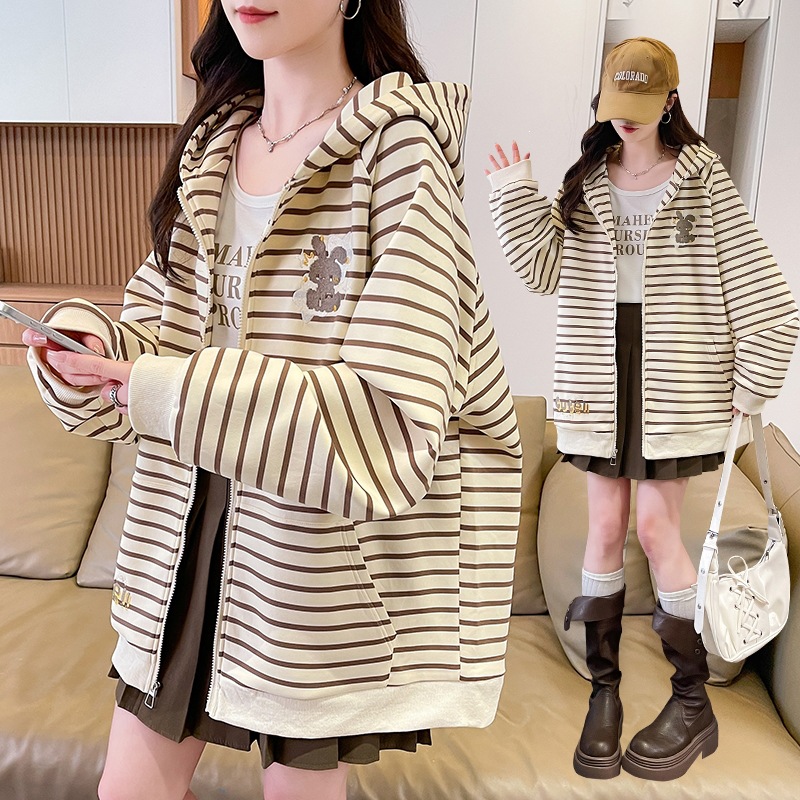 2026 Autumn New Style Soft Girl Cartoon Embroidered Cat Ear Hooded Striped Sweatshirt Girlish Loose Jacket
