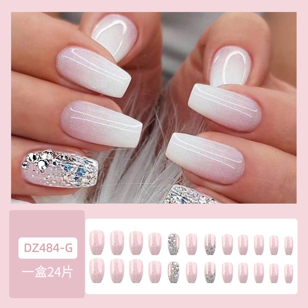 Puro deseo de mostrar blanco brillo rhinestone desgaste esmalte de uñas Raíz de loto almidón gradiente falso parche de uñas prensa en las uñas