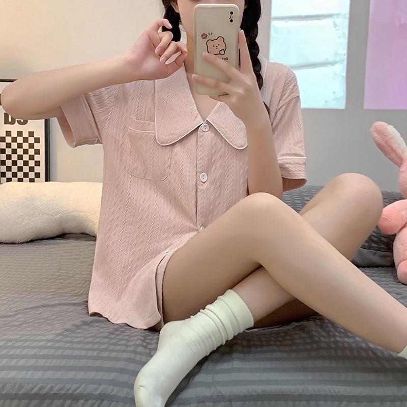 (2개) 코튼 파자마 여성 여름 새 옷깃 카디건 반팔 반바지 캐주얼 루즈 달콤한 소녀의 집 얇은 세트