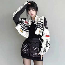 情侣可拆卸机车棒球服外套女秋季薄vintage美式复古赛车辣妹套装