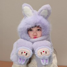 兔子耳朵冬季围脖手套一体三件套可爱新款冬季滑雪防风毛绒帽子