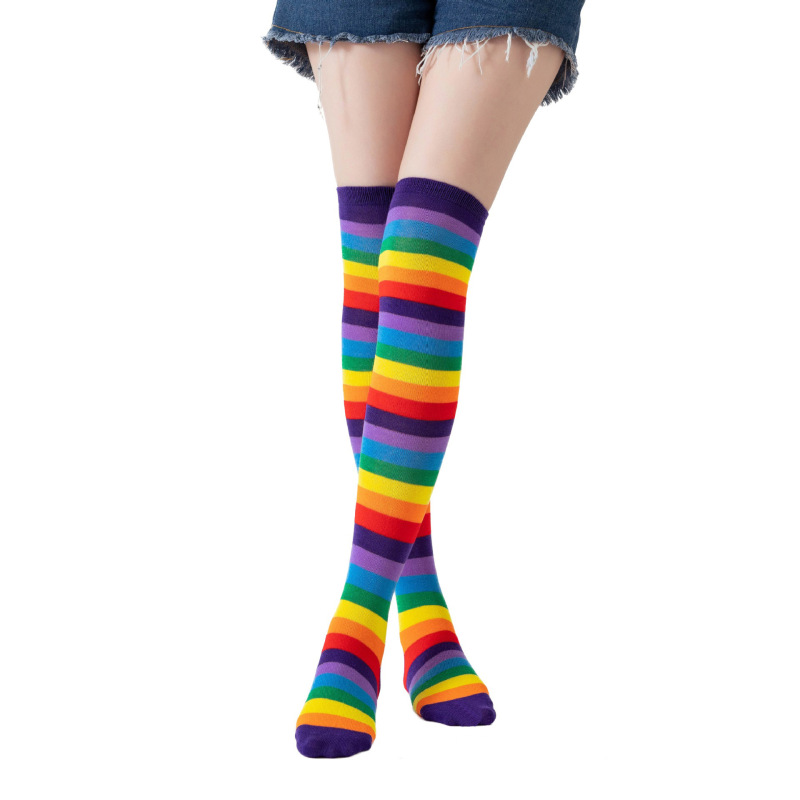 跨境彩虹条纹过膝袜手套女 动漫cosplay派对长筒袜学院风棉质JK袜|undefined