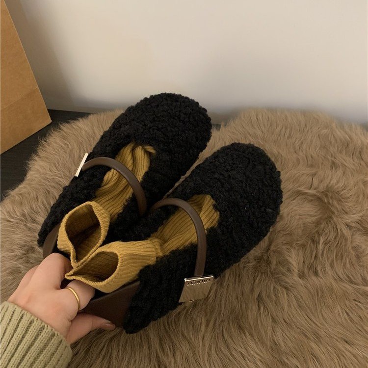 2024 neue Herbst- und Winterschuhe aus Samt mit runder Spitze, flachem Mund, Temperament mit flachem Boden, warme Bohnen, französische haarige Schuhe für_voghion.com