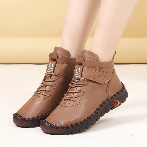 Women's cotton shoes, flat-soled autumn/winter boots with cow tendon soles—comfortable, non-slip, mom-friendly shoes, fleece-lined, versatile, casual, Velcro-fastened boots.