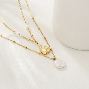 European and American Cross-Border Jewelry Baroque Button Pearl Necklace Non-Fading Water Drop Pendant Stainless Steel Chain Double Layer