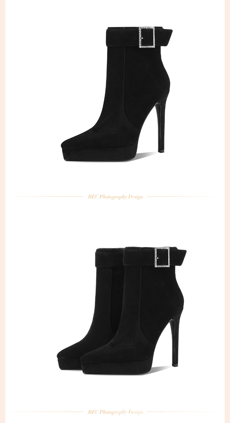 Boot nữ da thật mũi nhọn gót siêu cao 10 cm phong cách Hàn Quốc cổ thấp khóa kim loại — Nhung cừu đen 10cm chi tiết 3
