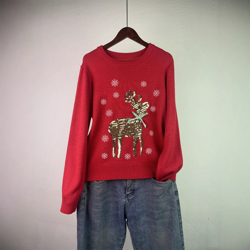 Christmas Red Christmas Sweater for Women in Autumn and Winter Casual Elk Embroidered Pullover Long-Sleeved Sweater with Sweet Sequins