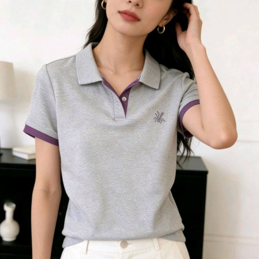 纯棉弹力时尚休闲撞色翻领POLO衫女夏季套头简约通勤工作有领T恤