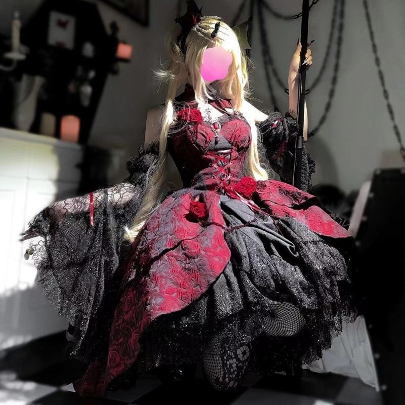 Short Lolita Dress with Sleeves, Dark Gothic Style Black and Red Jacquard Dress for Women, Trendy